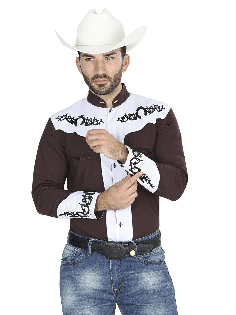 Camisa Charra Manga Larga El General Chc063 65% Polyester 35% Algodon Cafe 40793
