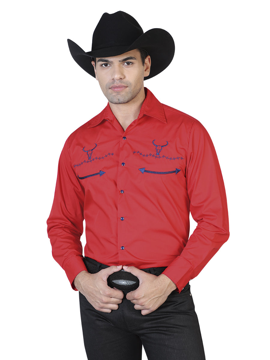 Camisa Vaquera Bordada/O El General 2019-104 55% Algodón 45%Polyester Roja 42511