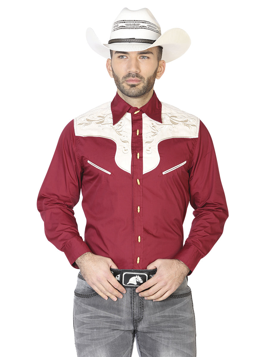 Camisa Charra Ante/bordada El General 2019-129 55% Algodón 45%polyester Vino 42580
