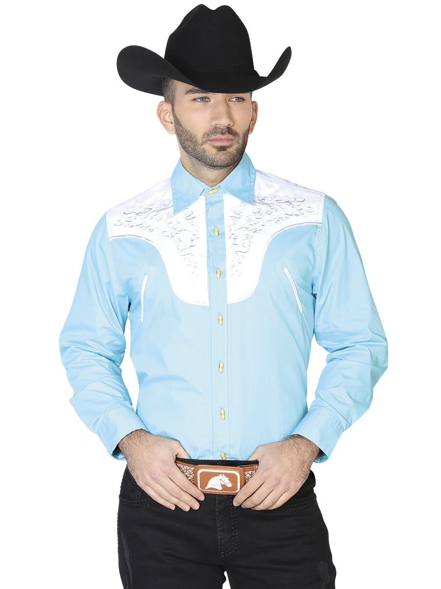 Camisa Charra Ante/bordada El General 2019-130 55% Algodón 45%polyester Azul Claro 42581