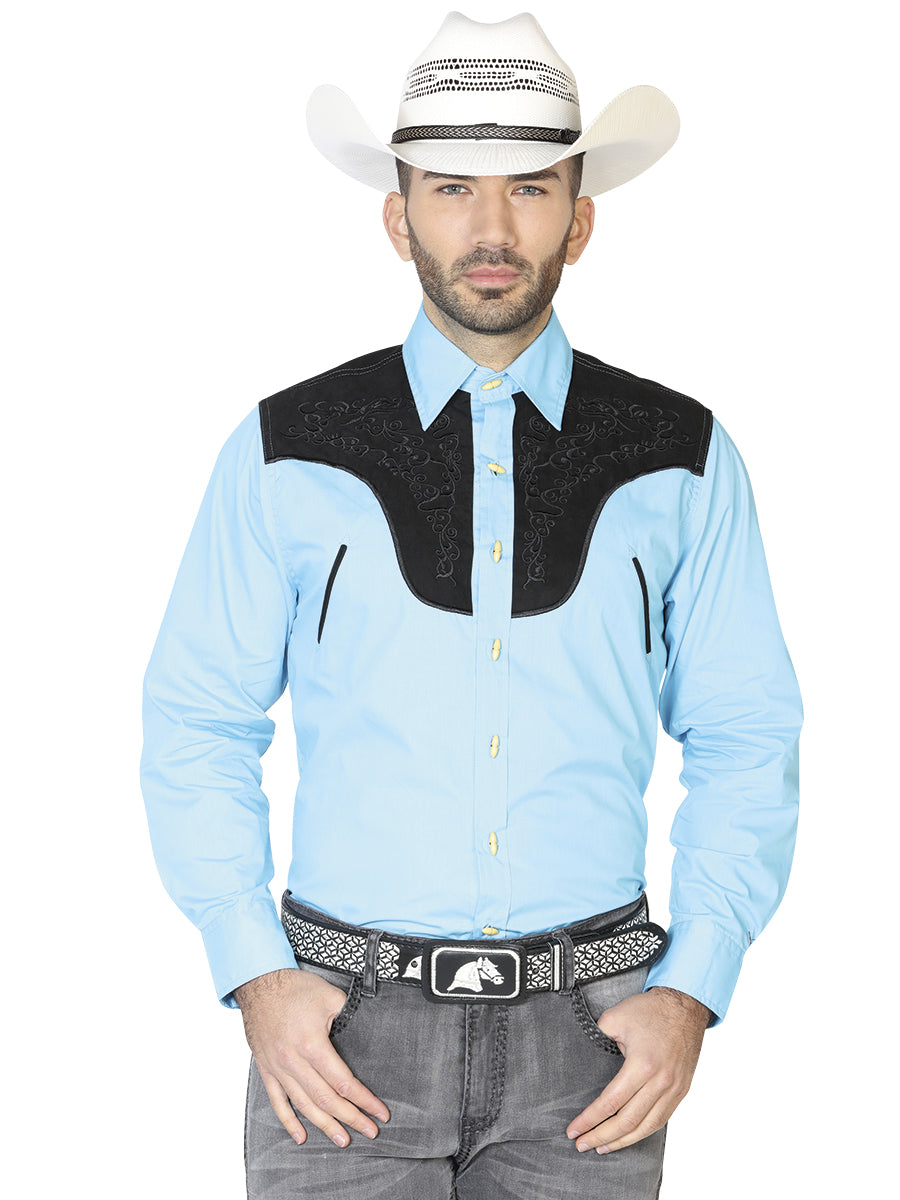 Camisa Charra Ante/bordada El General 2019-130 55% Algodón 45%polyester Azul 42585