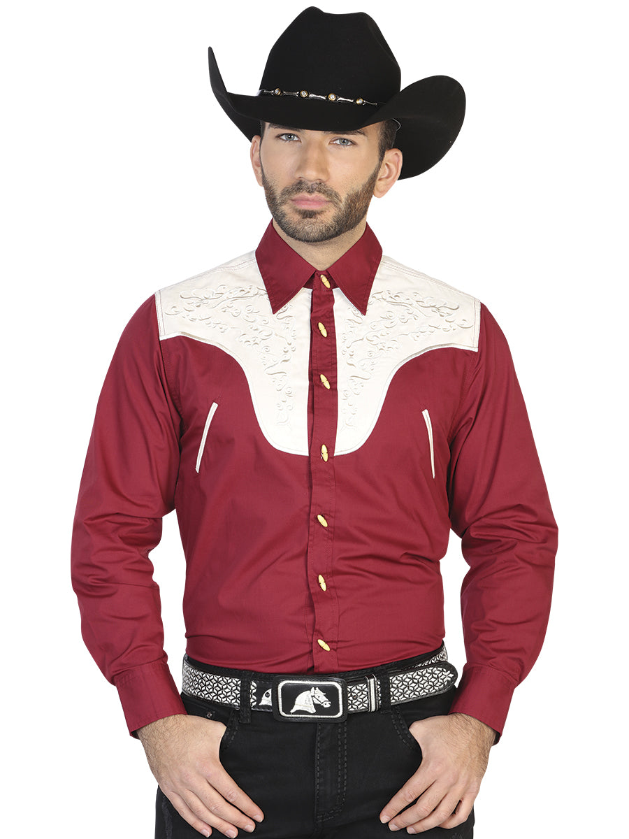 Camisa Charra Ante/bordada El General 2019-130 55% Algodón 45%polyester Vino 42586