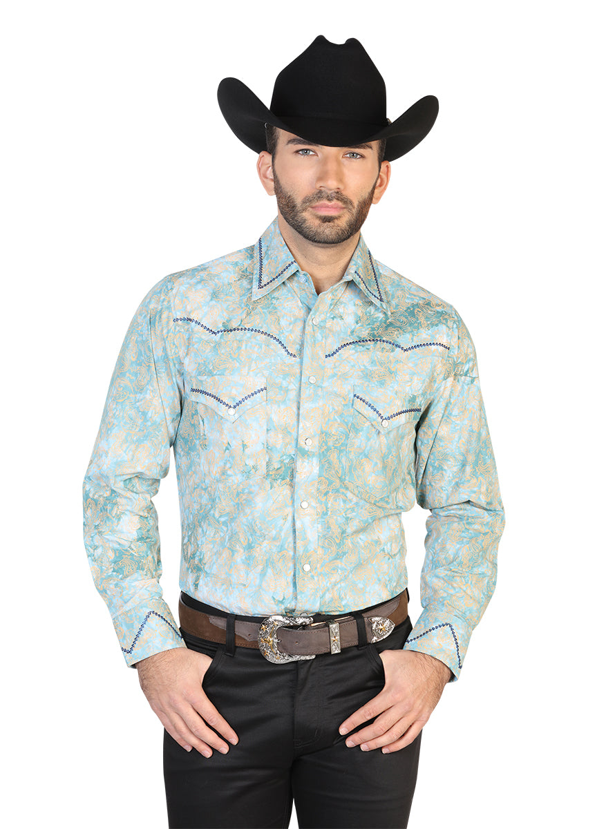 Camisa Vaquera Estampada/Bordada El General 2019-139 100% Cotton Verde Obscuro 42600