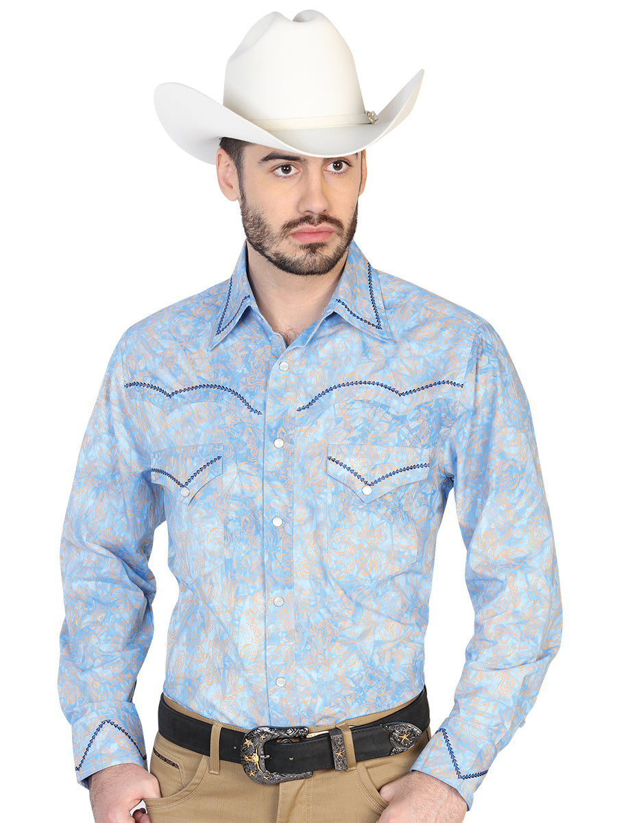 Camisa Vaquera Estampada/Bordada El General 2019-140 100% Algodón Azul Rey 42601