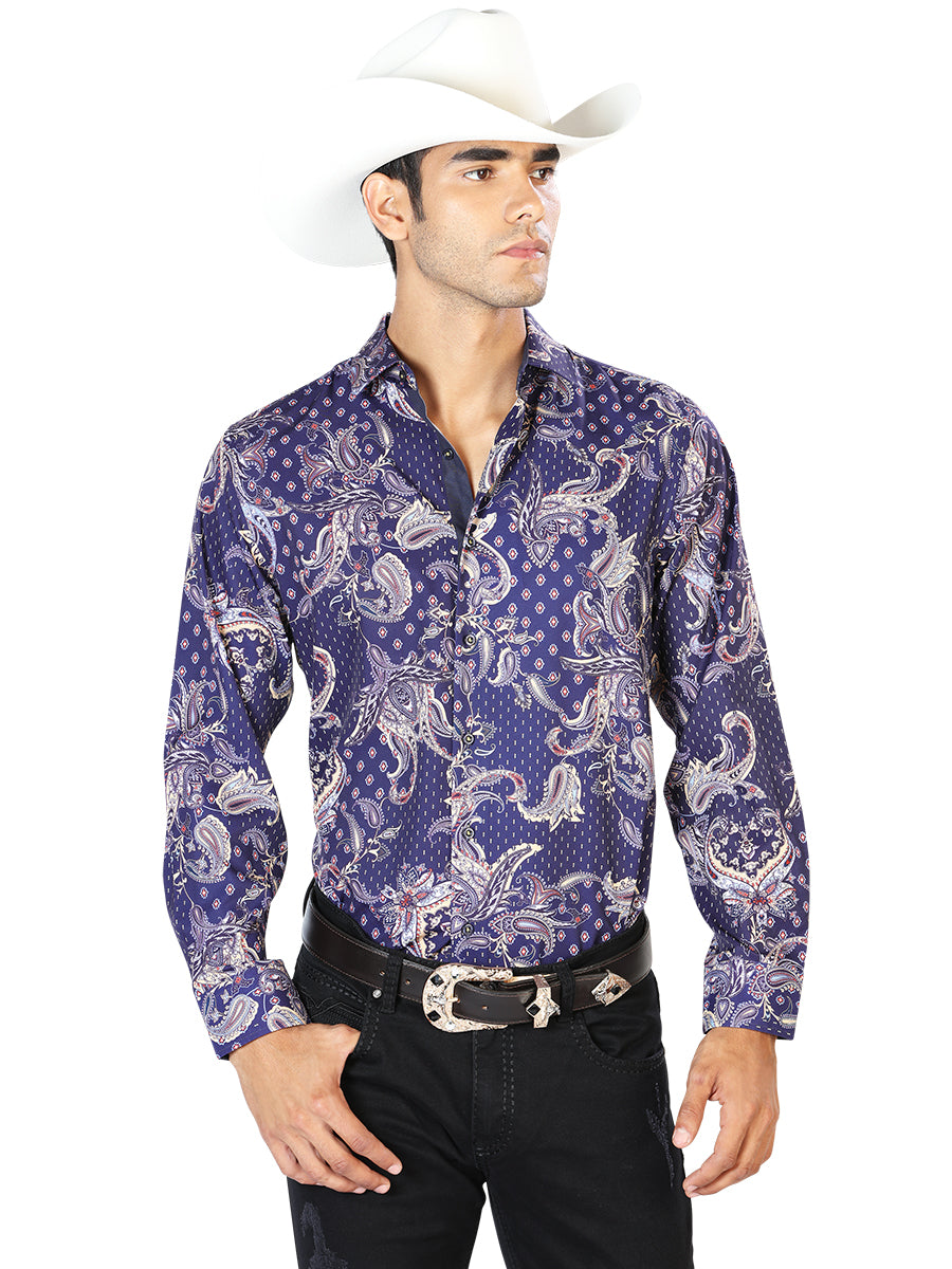 Camisa Casual Manga Larga El Señor De Los Cielos Wh-050 97% Poliéster 3% Elastano Azul/Amarillo 43554