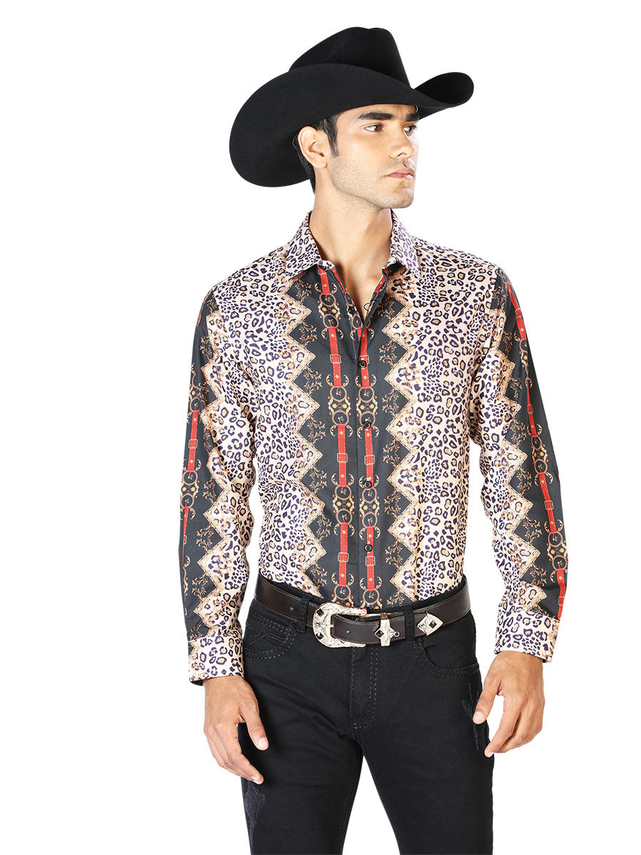 Camisa Casual Manga Larga El Señor De Los Cielos Wh-040 97% Poliéster 3% Elastano Negro/Leopardo 43557