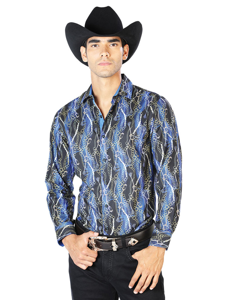 Negro y Azul Casual Manga Larga Camisa 43560