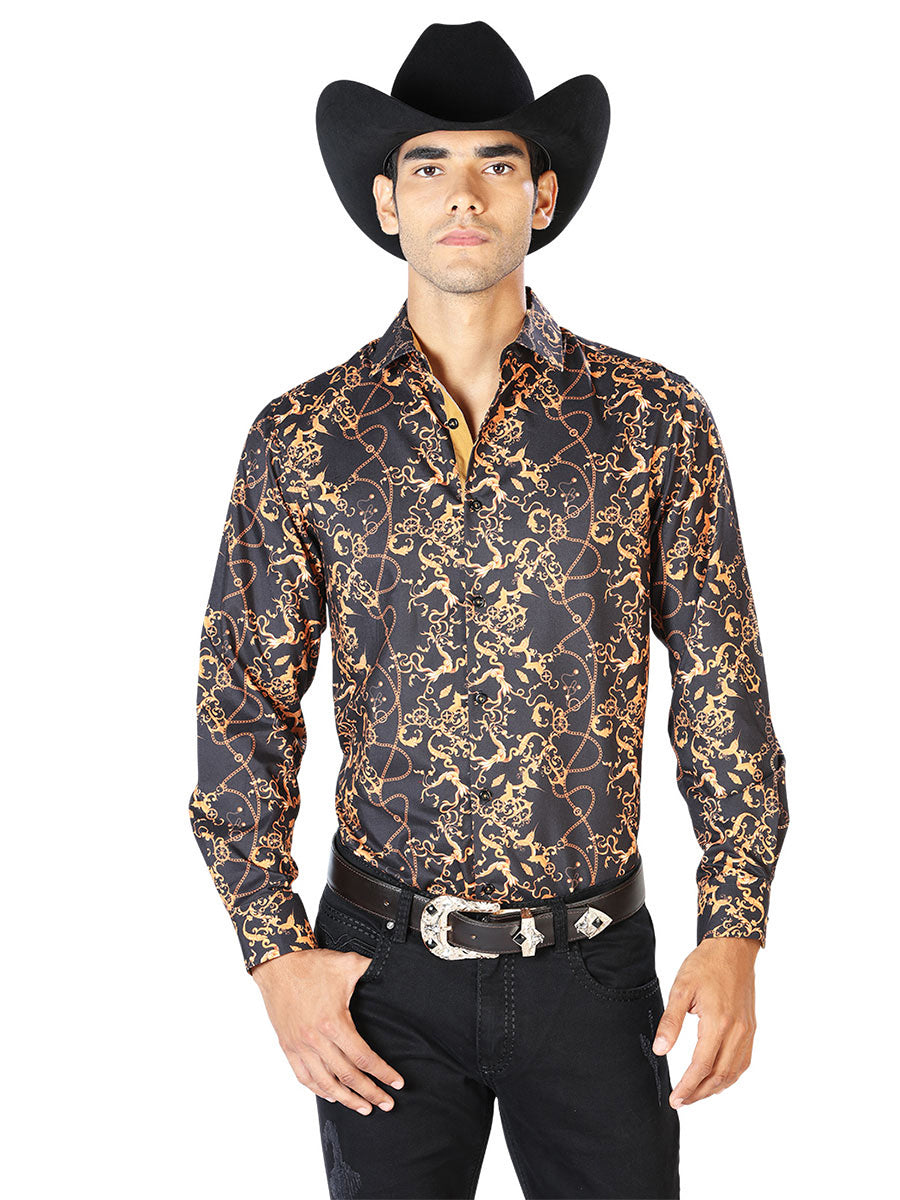 Negro y Dorado Casual Manga Larga Camisa 43561