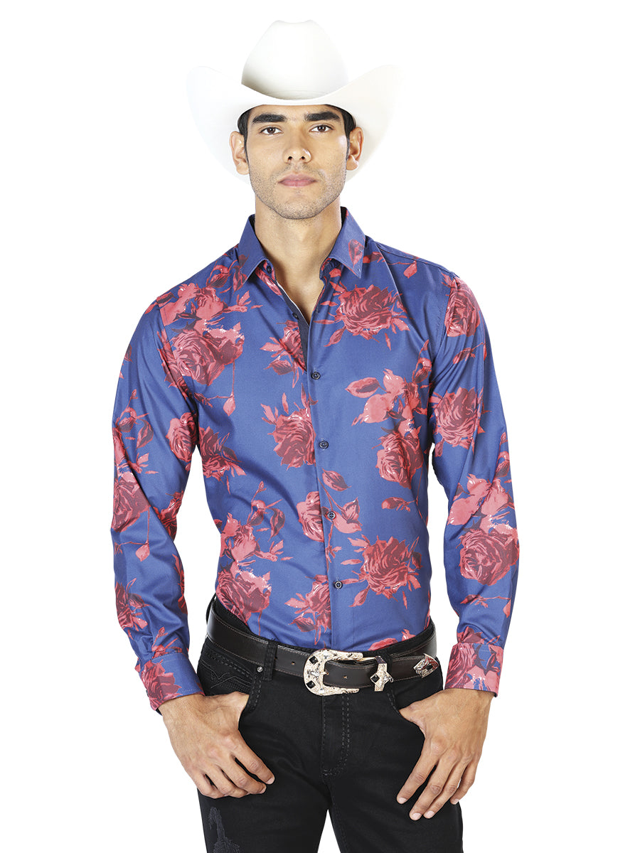 Camisa Casual Manga Larga El Señor De Los Cielos Wh-209 97% Poliéster 3% Elastano Azul/Rojas Rosas 43563