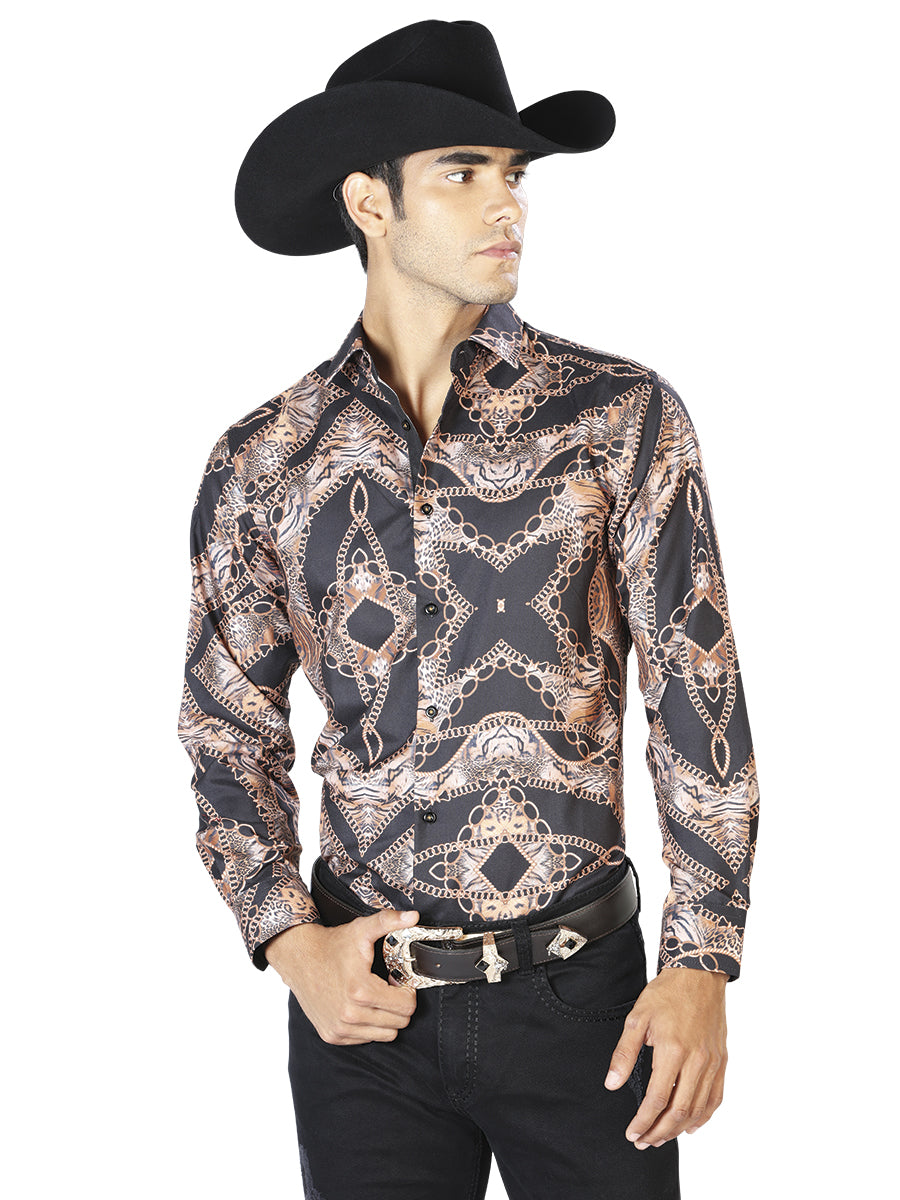 Camisa Casual Manga Larga El Señor De Los Cielos Wh-035 97% Poliéster 3% Elastano Negro/Leopardo 43564