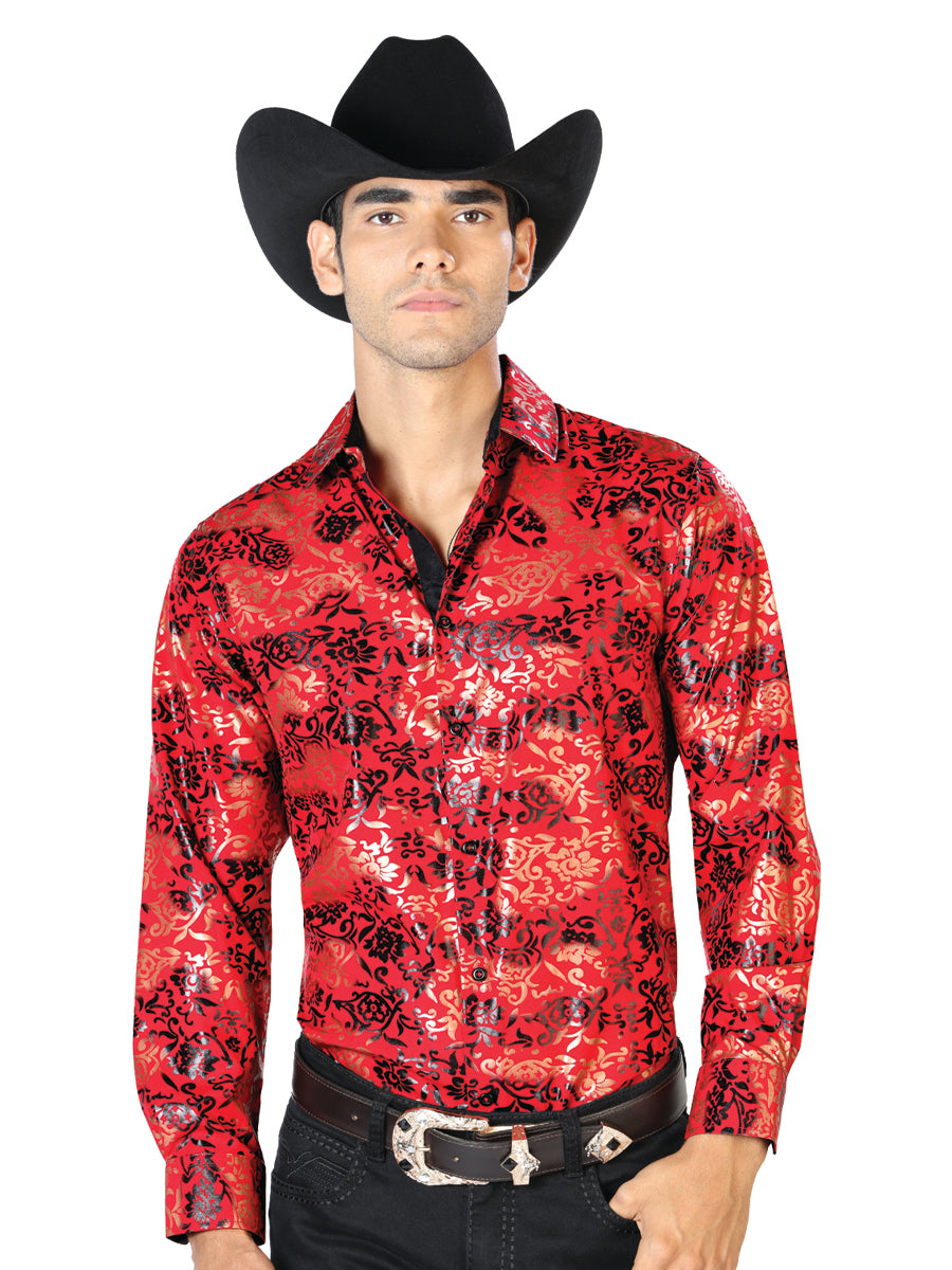 Rojo y Dorado Casual Manga Larga Camisa 43572