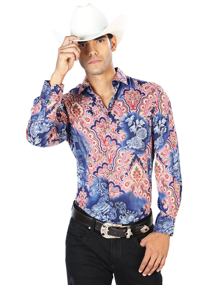 Camisa Casual Manga Larga El Señor De Los Cielos Wh-160 97% Poliéster 3% Elastano Azul Marino/Rojo/Oro 43580