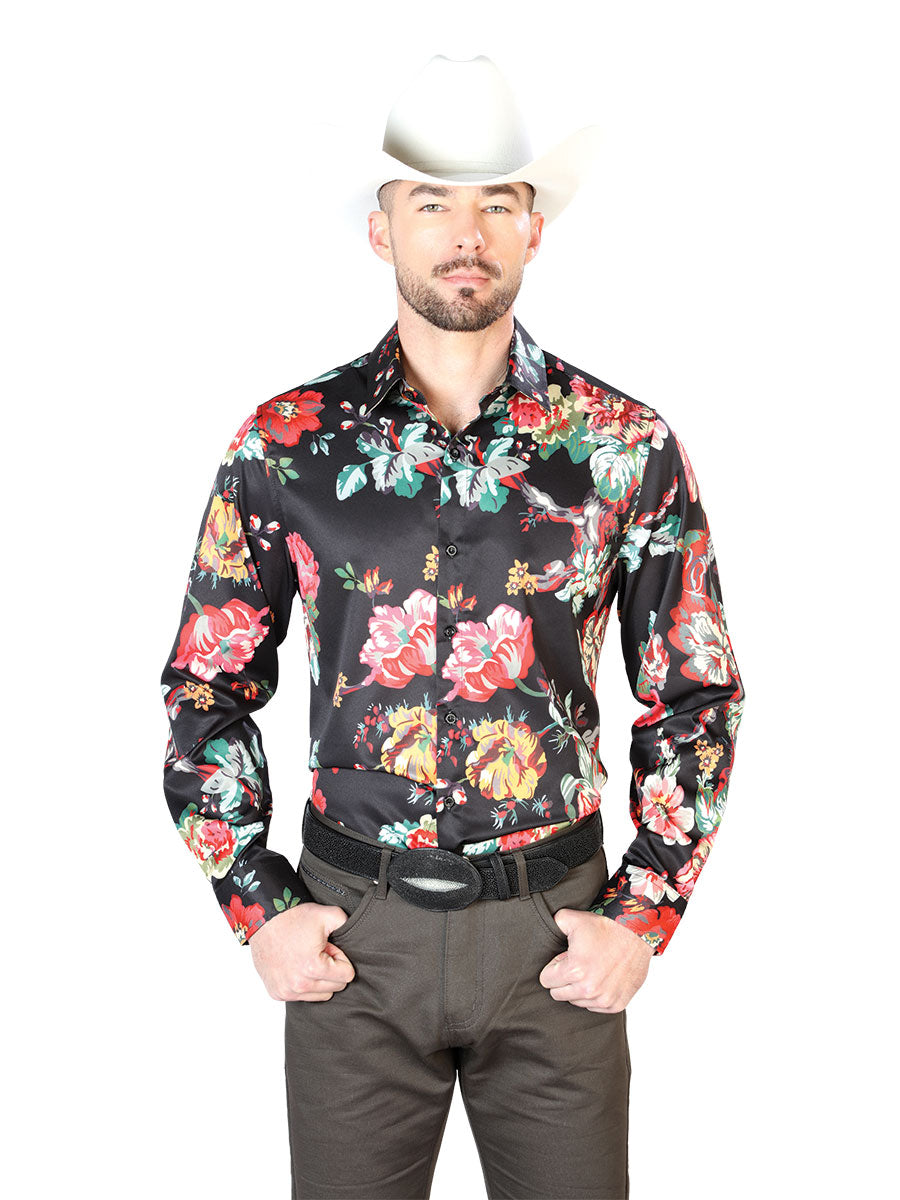 Negro con Rojo Roses Casual Manga Larga Camisa 43675
