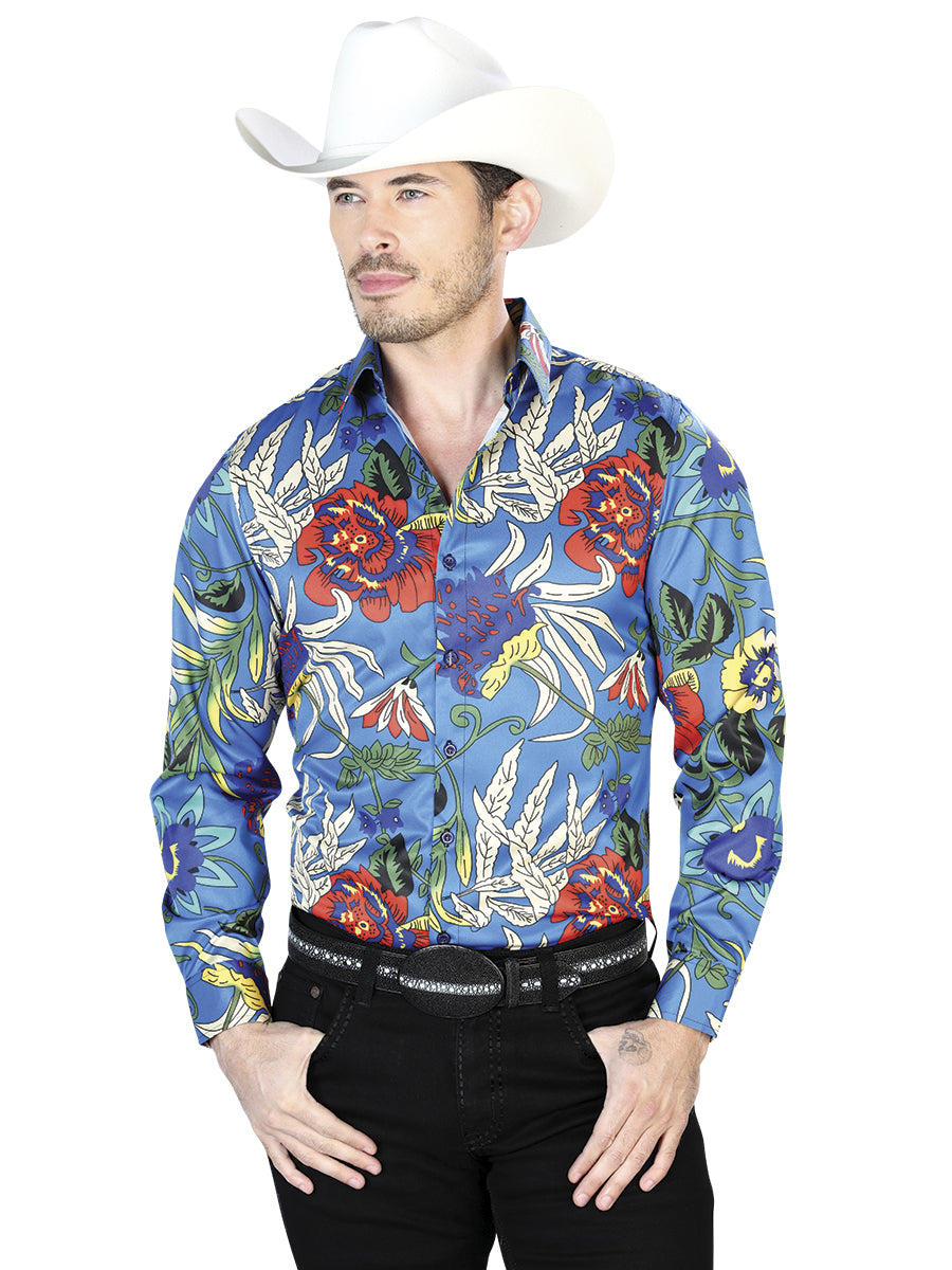 Camisa Casual Manga Larga El Señor De Los Cielos 97%Poliéster 3%Lycra Estampado Azul/Oro 43677