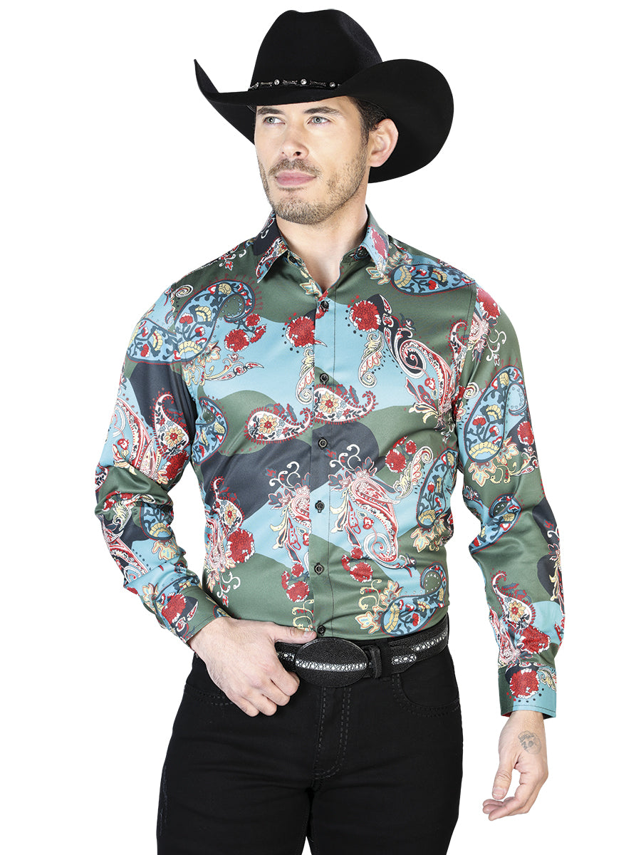 Camisa Casual L/ Manga El Señor De Los Cielos 97%Poliéster 3%Lycra Negro/Aqua 43681