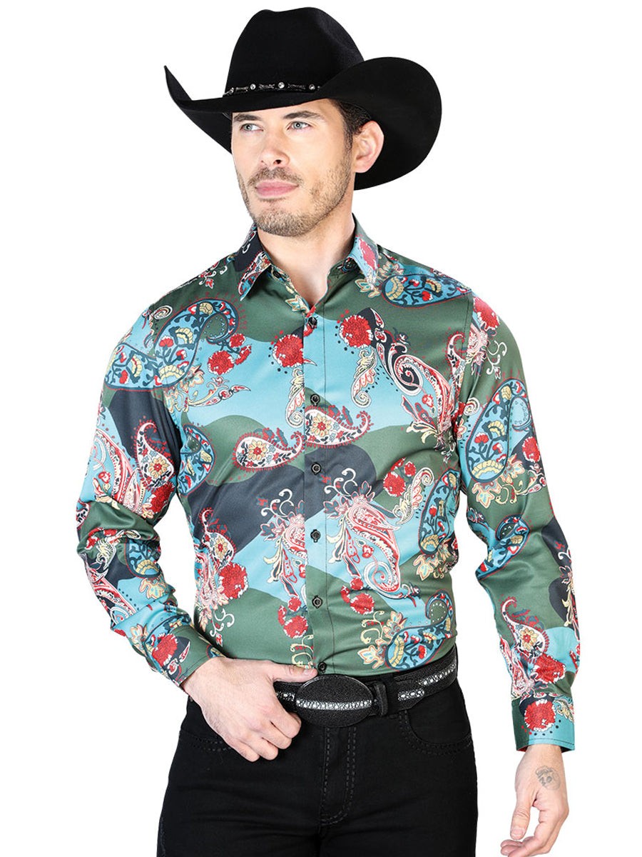 Camisa Casual L/ Manga El Señor De Los Cielos 97%Poliéster 3%Lycra Negro/Aqua 43681