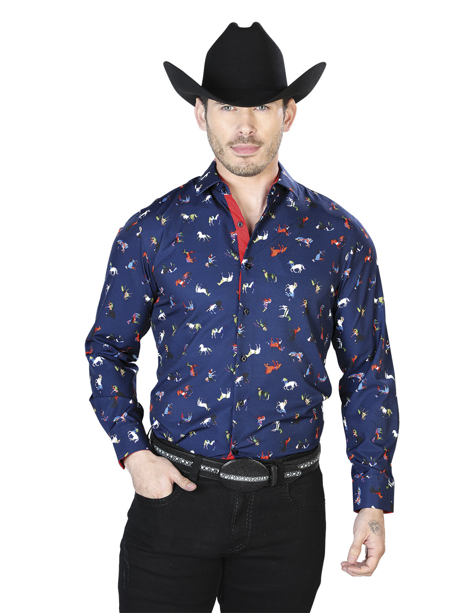 Camisa Casual L/ Manga El Señor De Los Cielos 197594 95% Poliester 5% Elastano Azul 43715