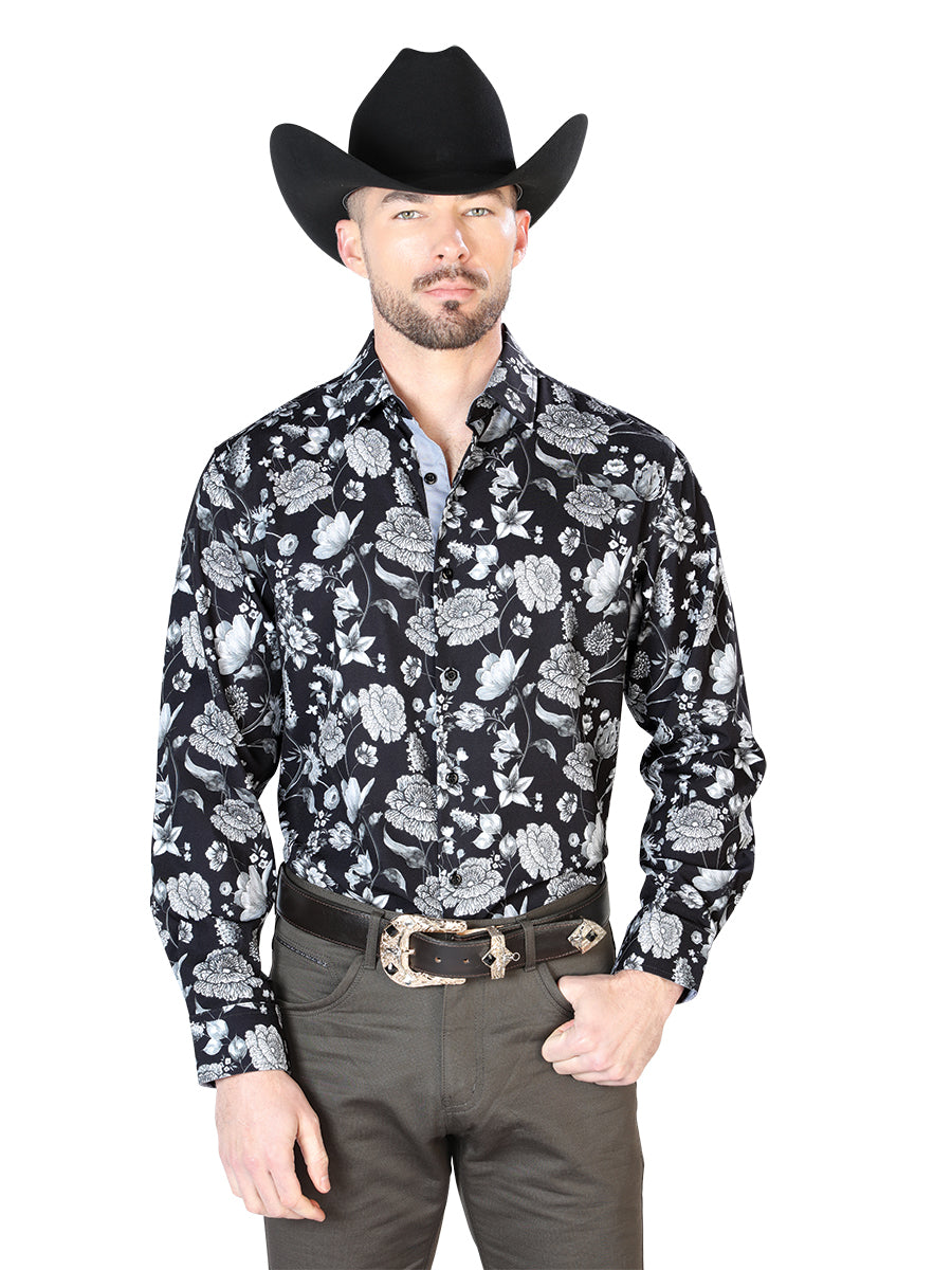 Negro Plateado Floral Estampado Casual Manga Larga Camisa 43720