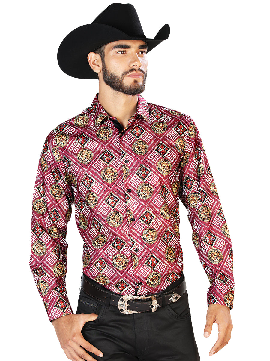 Camisa Casual L/ Manga El Señor De Los Cielos Wh7-287 100% Poliester Vino Tinto 43770