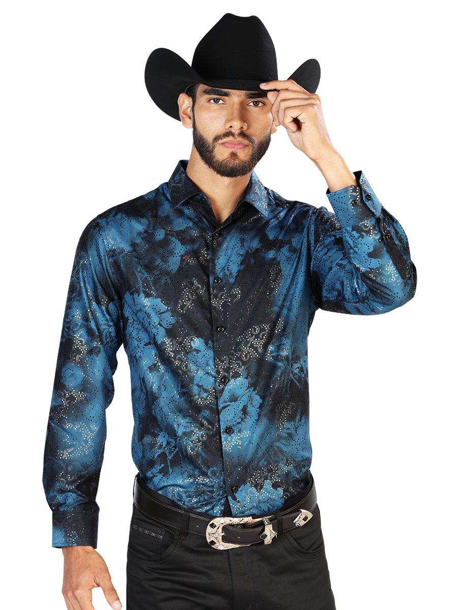 Camisa Casual L/ Manga El Señor De Los Cielos Wh7-015 100% Poliéster Azul Negro 43771