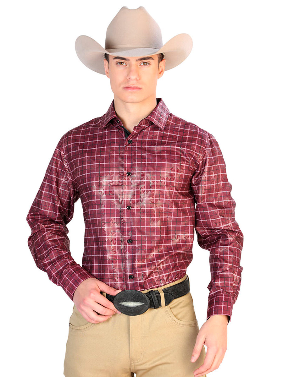Casual Camisa L/ Manga El Señor De Los Cielos Wh7-146 100% Poliéster Rojo Checker 43779
