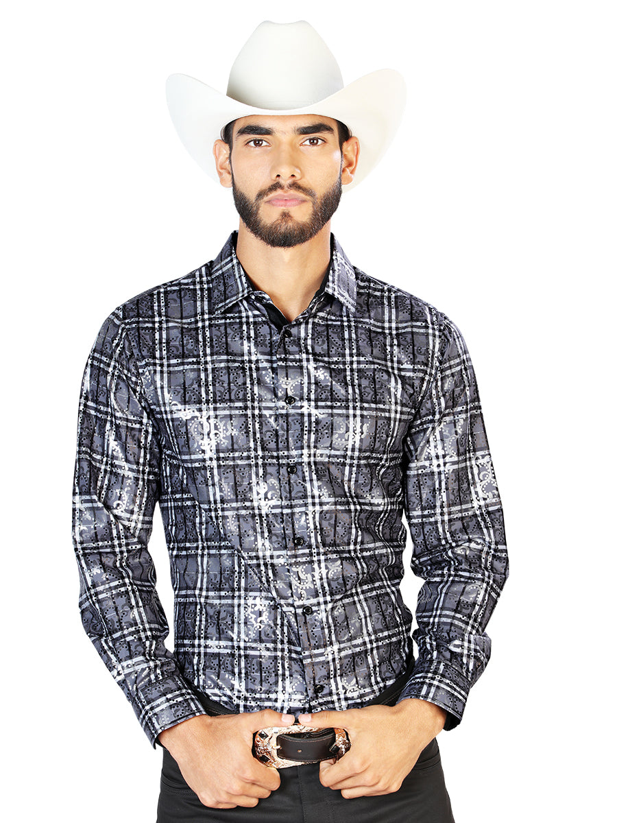 Camisa Casual L/ Manga El Señor De Los Cielos Wh7-184 100% Poliester Gris 43789
