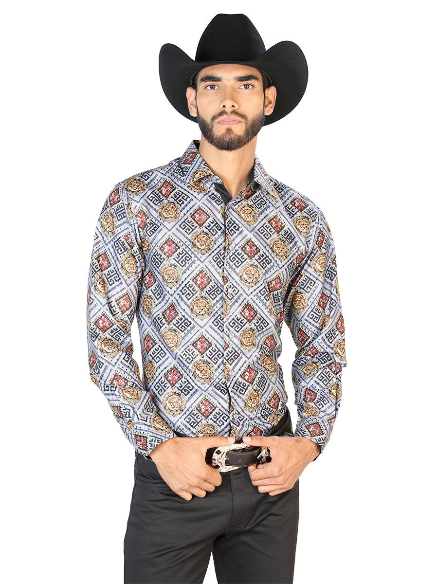 Camisa Casual Manga Larga El Señor De Los Cielos Wh7-290 100% Poliester Oro/Blanco 43790