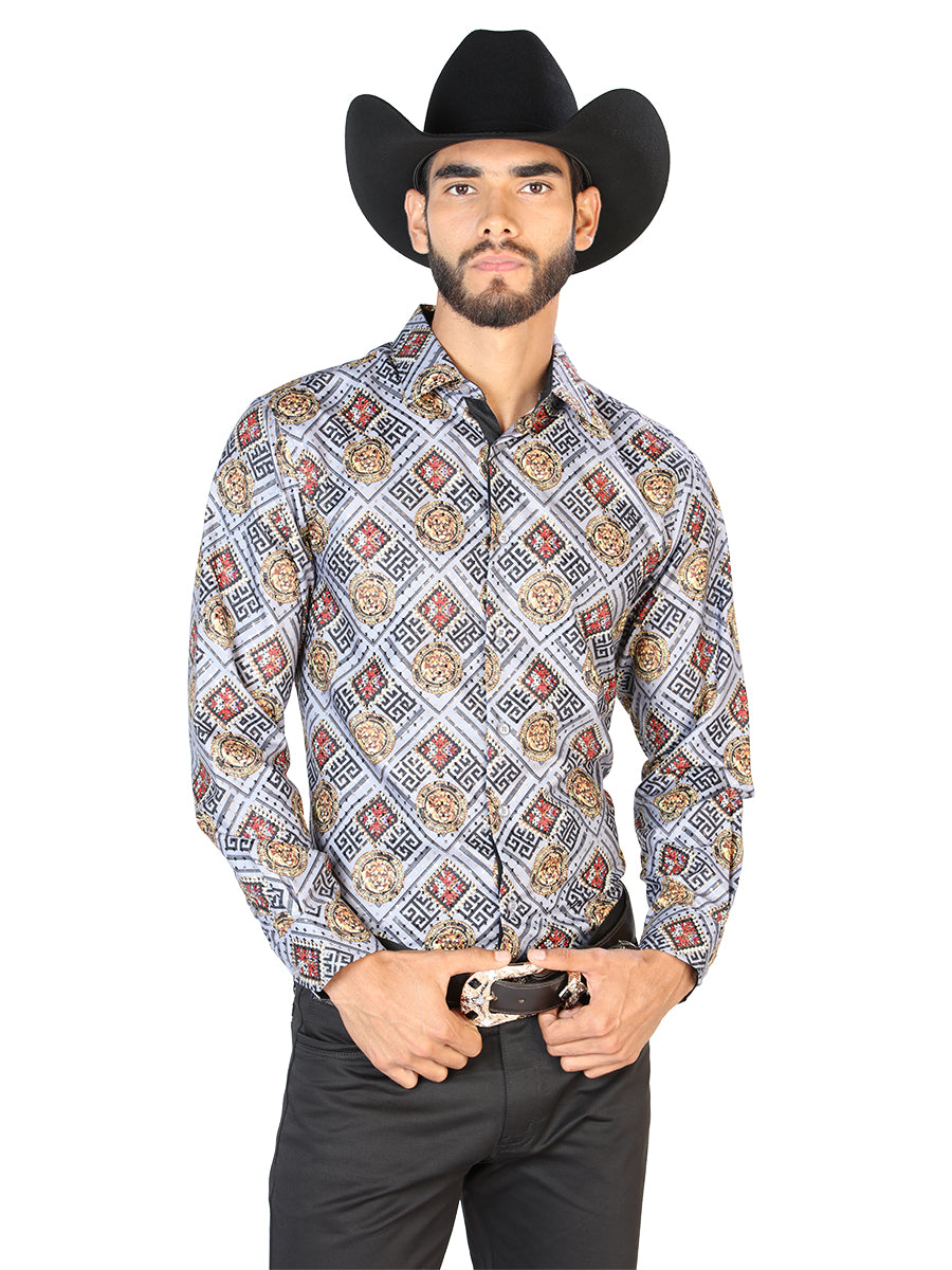 Camisa Casual Manga Larga El Señor De Los Cielos Wh7-290 100% Poliester Oro/blanco 43790