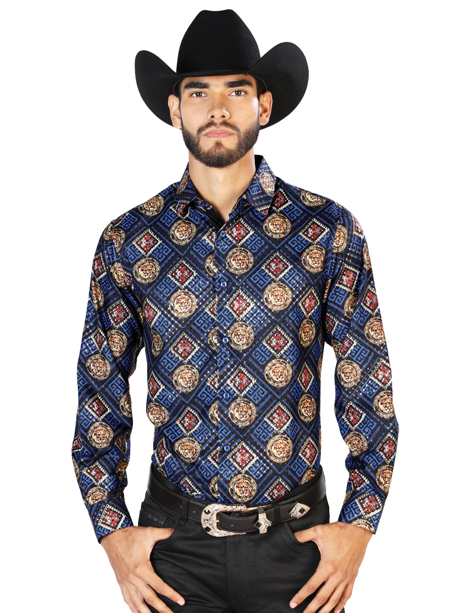 Camisa Casual L/ Manga El Señor De Los Cielos Wh7-286 100% Poliester Azul Marino 43792