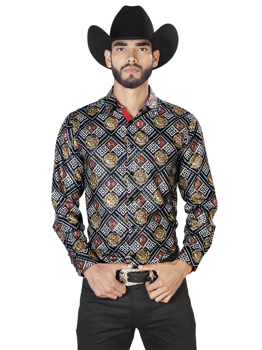 Camisa Casual L/ Manga El Señor De Los Cielos Wh7-282 100% Poliéster Blanco/ Negro/Dorado 43798