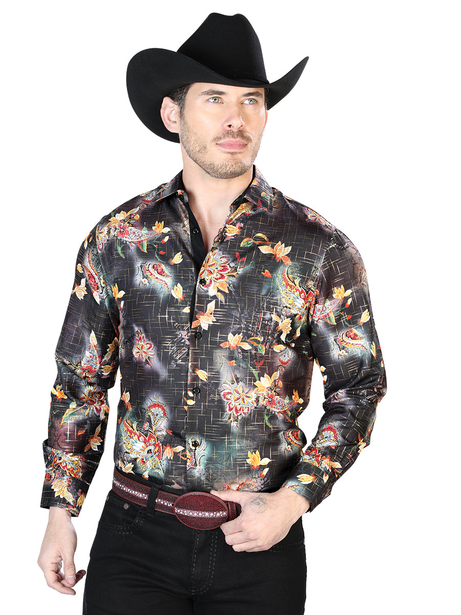 Camisa Casual Manga Larga El Señor De Los Cielos Wh7-086 100% Poliester Negro/Multicolor 43813