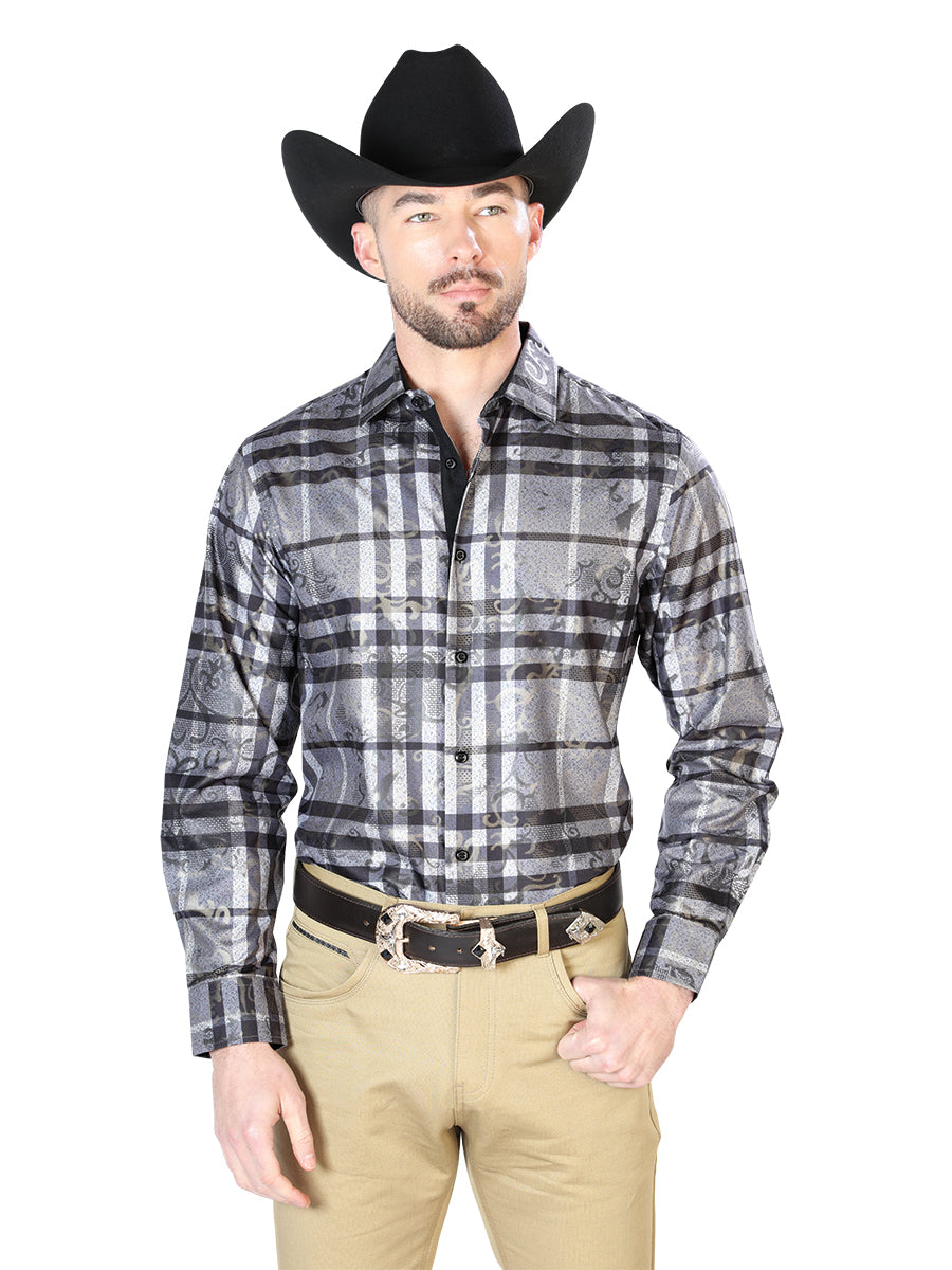 Camisa Casual L/ Manga El Señor De Los Cielos Wh7-086 100% Poliester Gris 43814