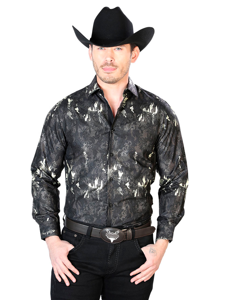 Casual Camisa L/ Manga El Señor De Los Cielos Wh7-044 100% Poliéster Negro 43817