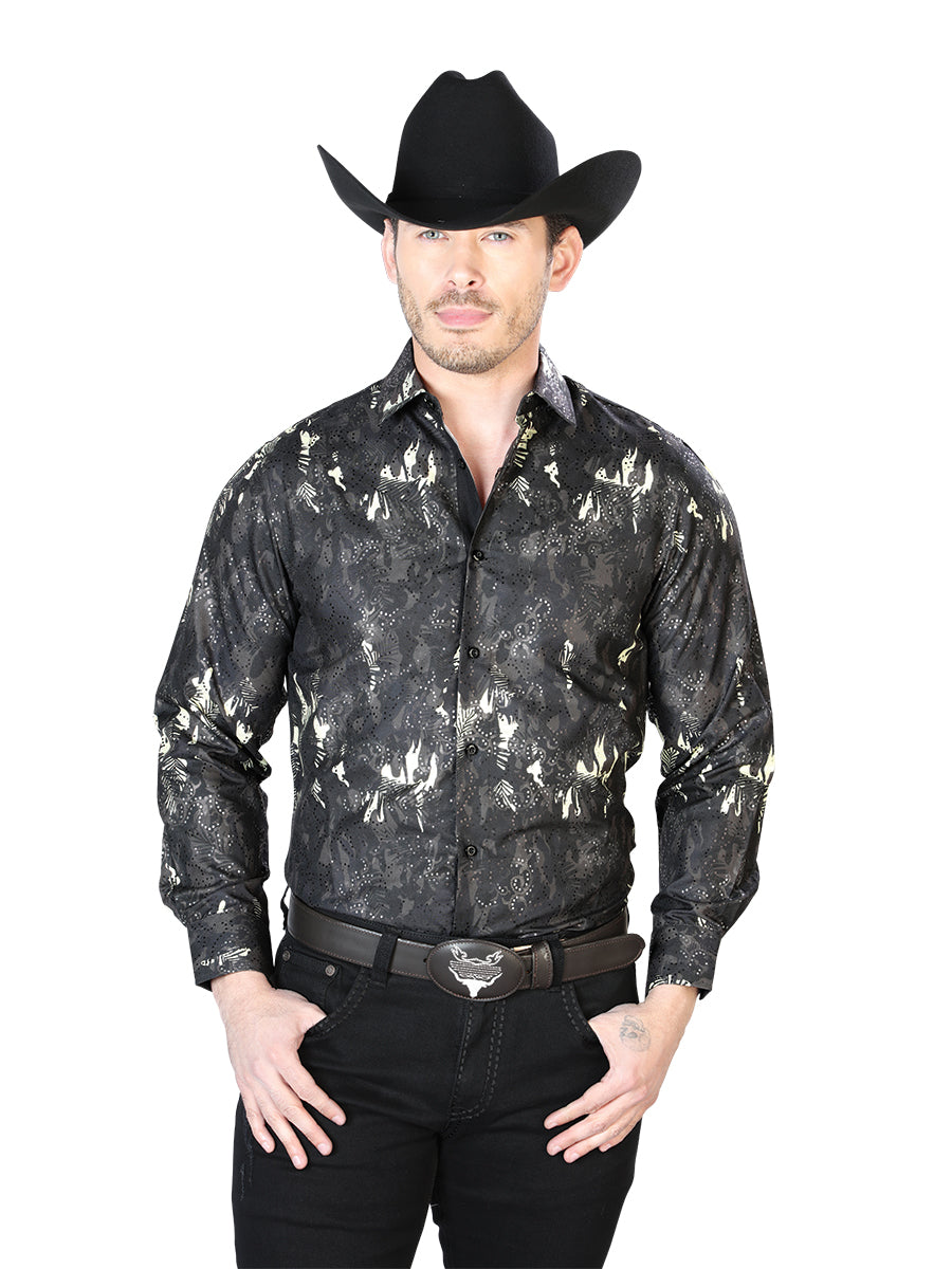 Casual Camisa L/ Manga El Señor De Los Cielos Wh7-044 100% Poliéster Negro 43817