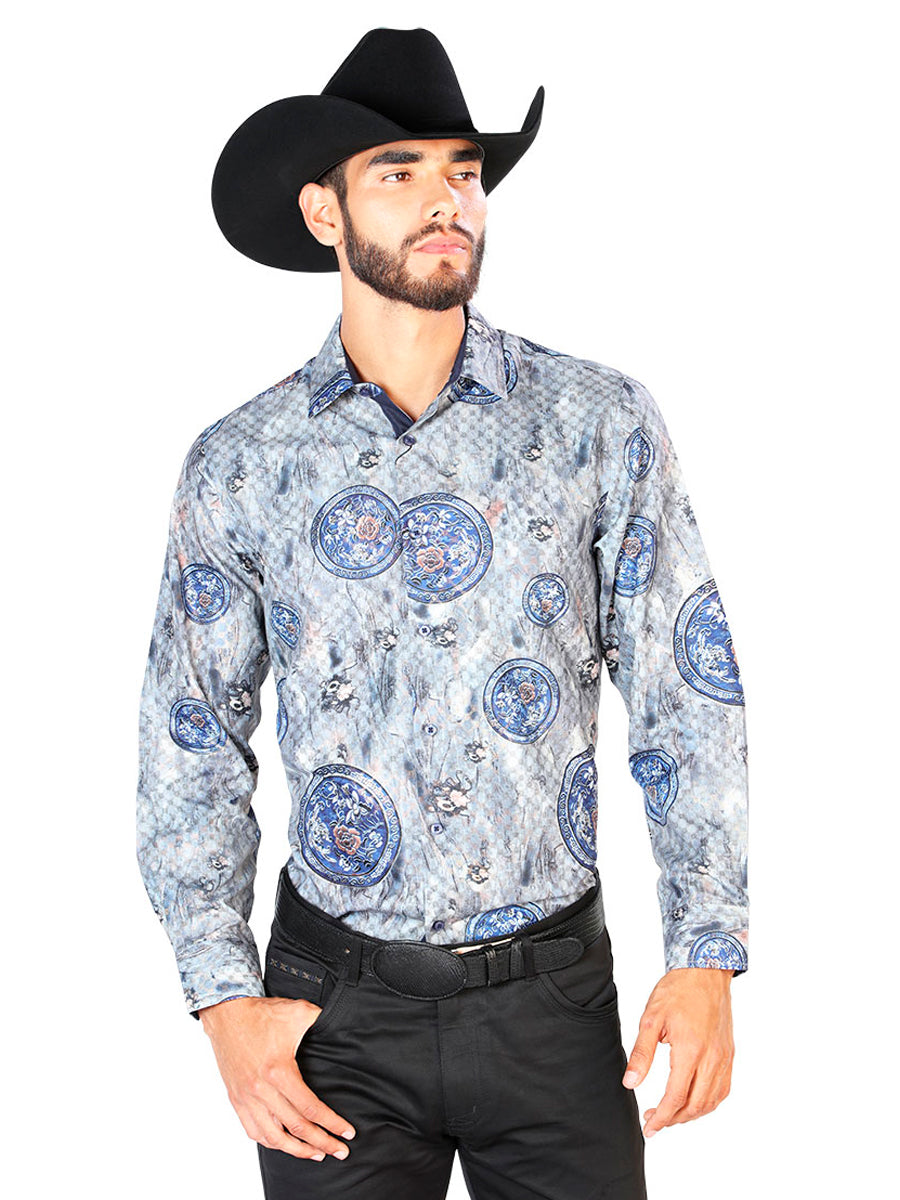 Camisa Casual Manga Larga El Señor De Los Cielos Wh7-081 100% Poliester Gris/Azul 43823