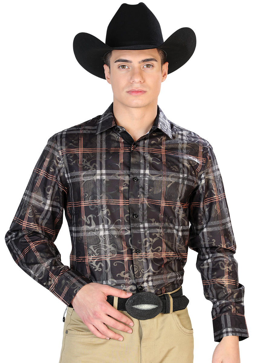 Camisa Casual L/ Manga El Señor De Los Cielos Wh7-142 100% Poliéster Cuadros Negro 43825