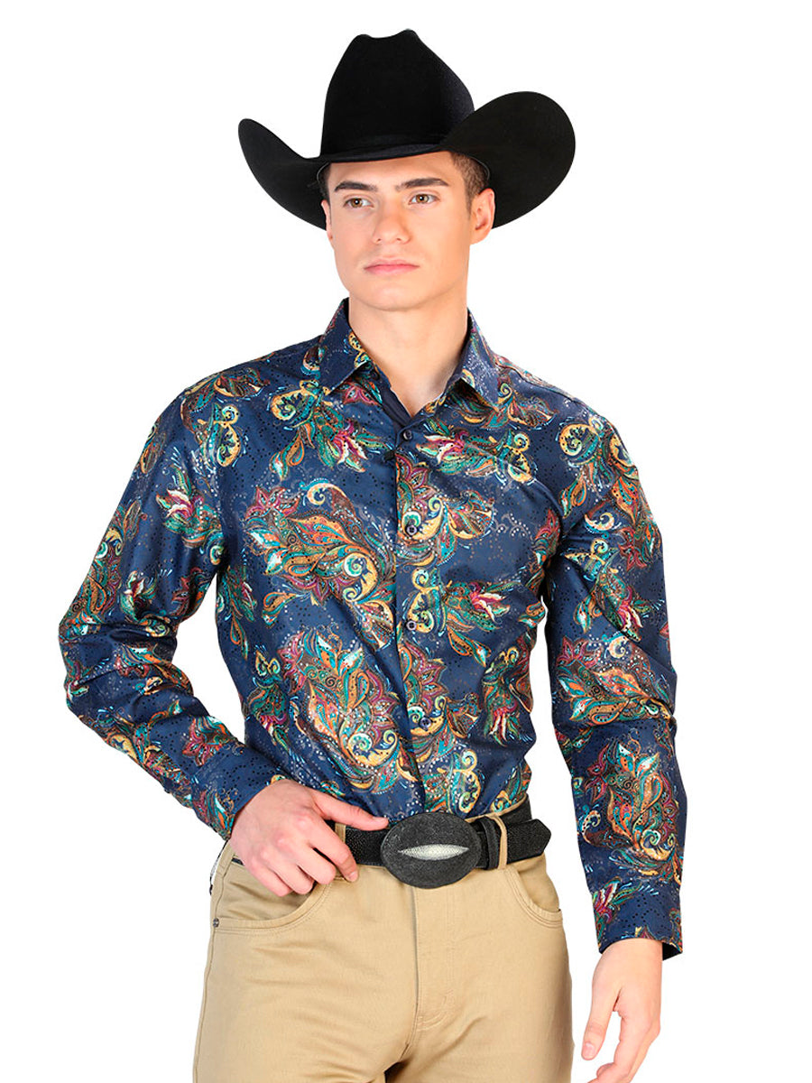 Camisa Casual Manga Larga El Señor De Los Cielos Wh7-057 100% Poliéster Estampado Azul 43827