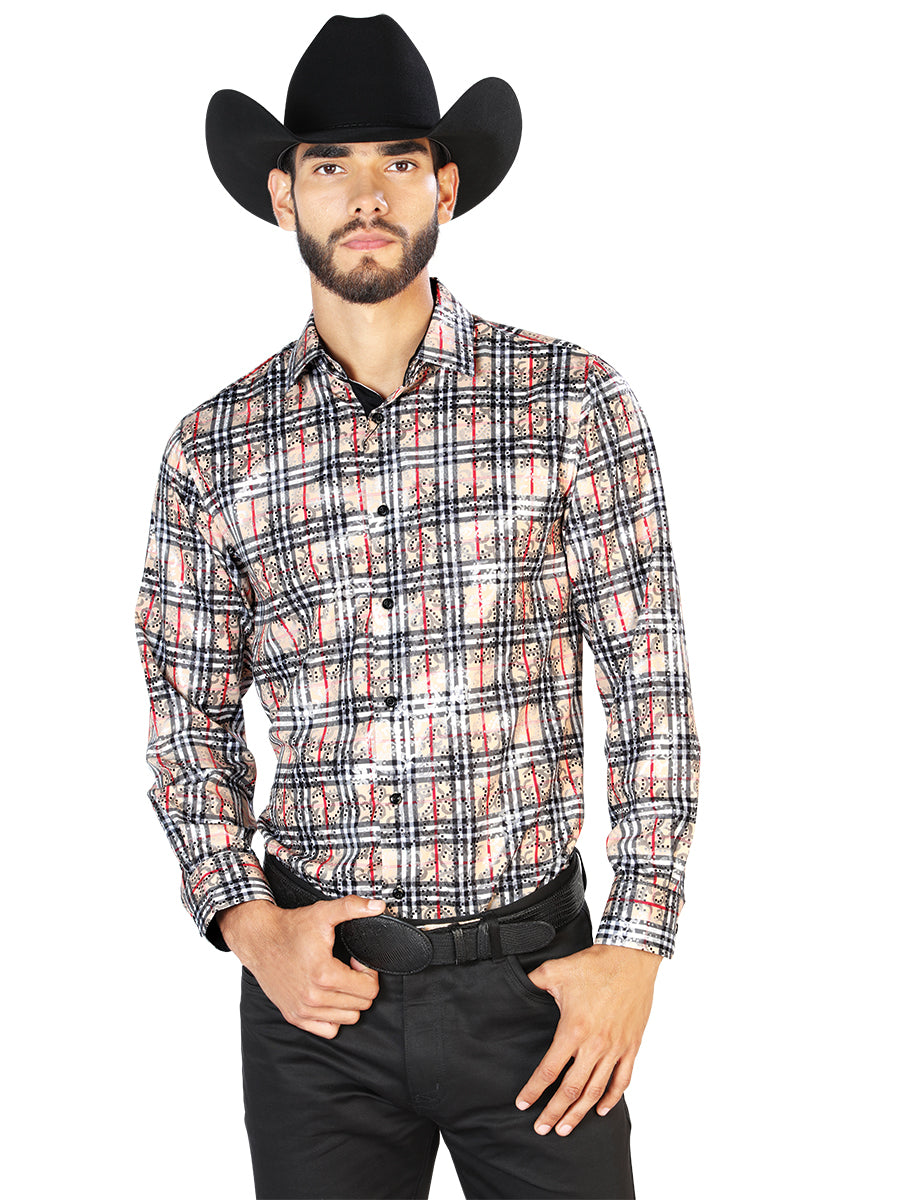 Camisa Casual Manga Larga El Señor De Los Cielos Wh7-173 97% Poliéster 3% Elastano Beige/Negro 43852