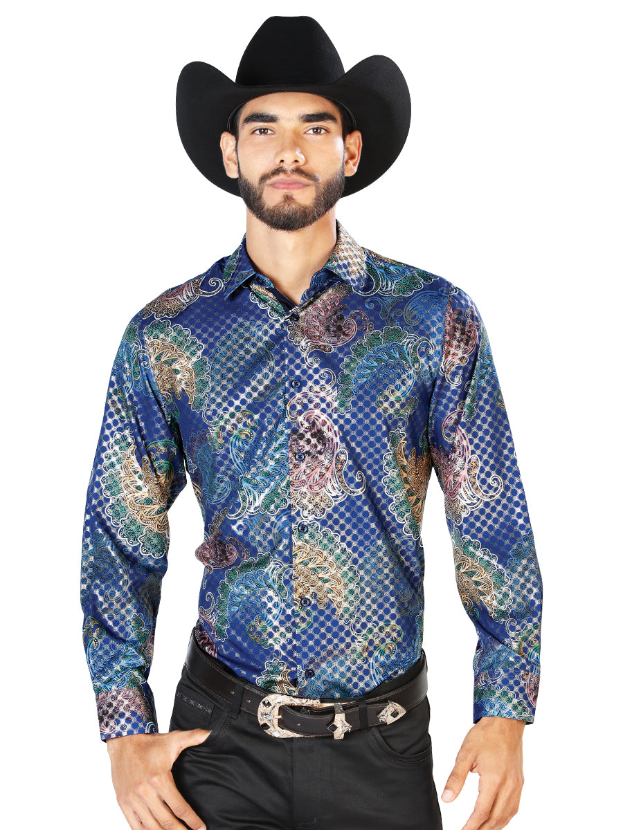 Camisa Casual Manga Larga El Señor De Los Cielos Wh7-017 97% Poliéster 3% Elastano Estampado Azul 43873