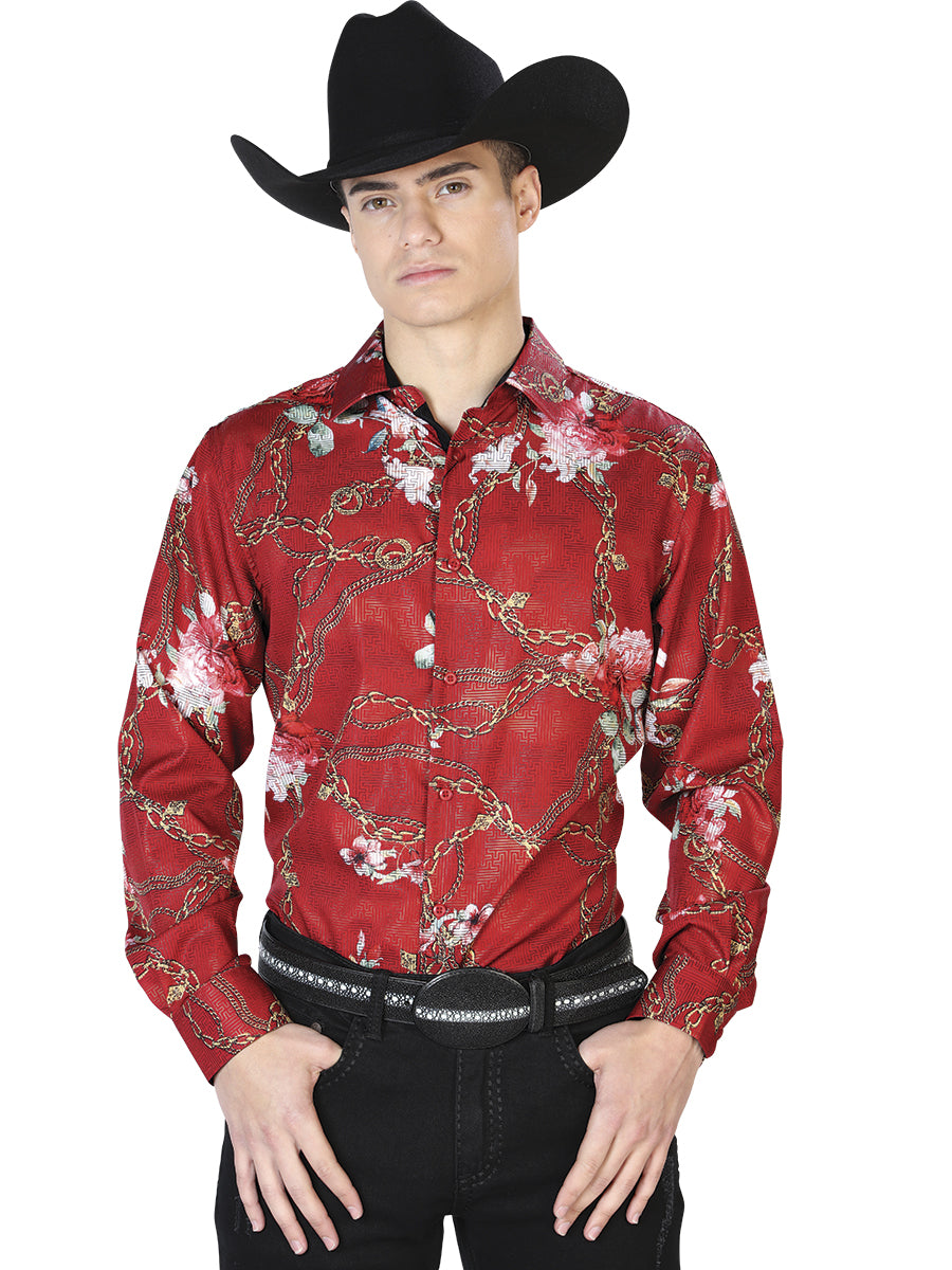 Camisa Casual Manga Larga El Señor De Los Cielos Wh7-041 97% Poliéster 3% Spandex Vino 43879