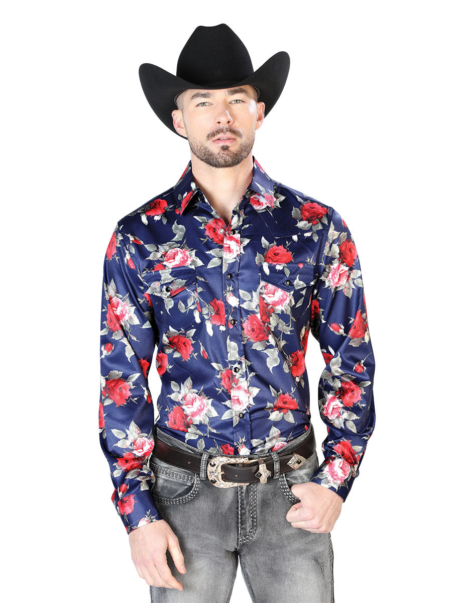 Azul Flor Estampado Casual Manga Larga Camisa 43937