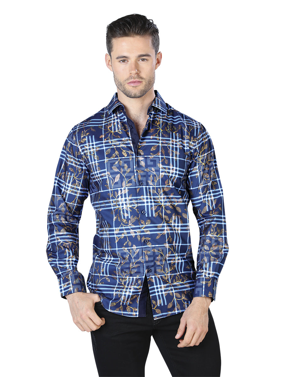 Camisa Casual Manga L El Señor De Los Cielos Wh10-018 100% Poliester Estampado Azul/Dorado 44020