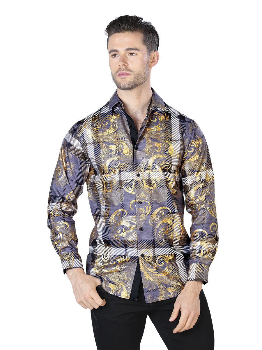 Camisa Casual L/ Manga El Señor De Los Cielos Wh10-020 100% Poliester Negro/oro 44022