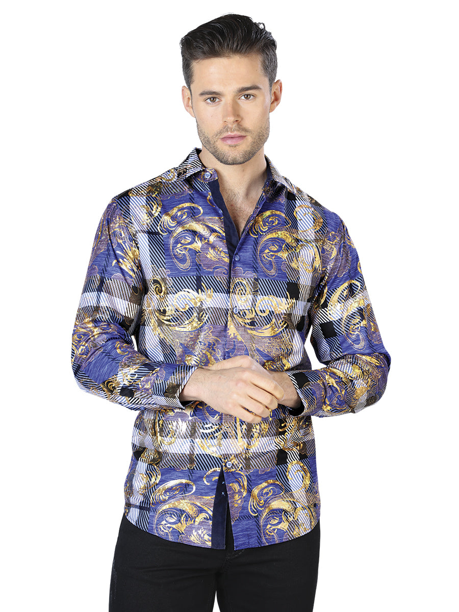 Camisa Casual Manga Larga El Señor De Los Cielos Wh10-021 100% Poliester Estampado Azul/Dorado 44023