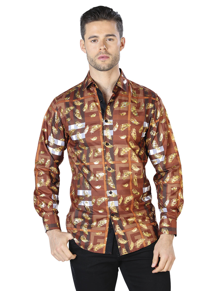Café y Dorado Casual Manga Larga Camisa 44024