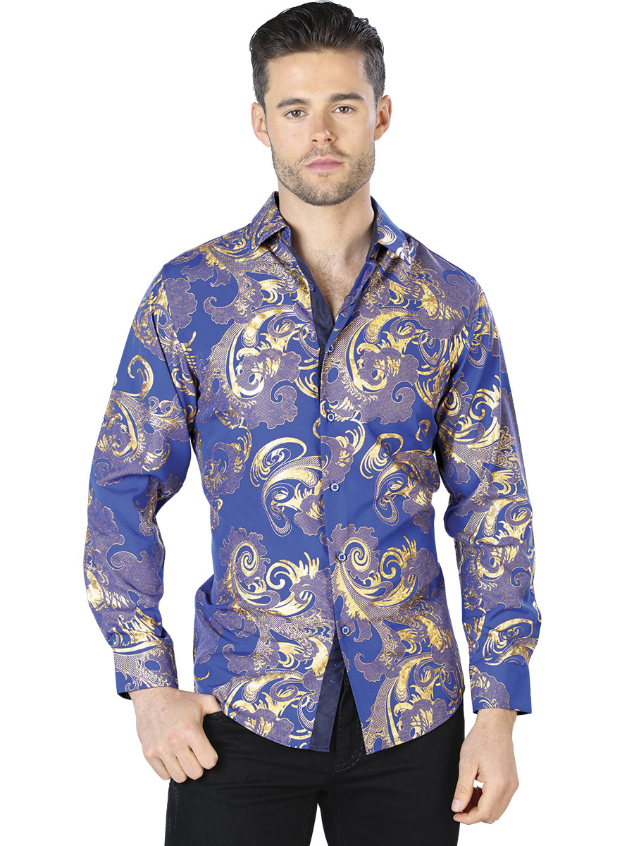 Camisa Casual L/ Manga El Señor De Los Cielos Wh10-040 97% Poliester 3% Elastano Azul/Oro 44042