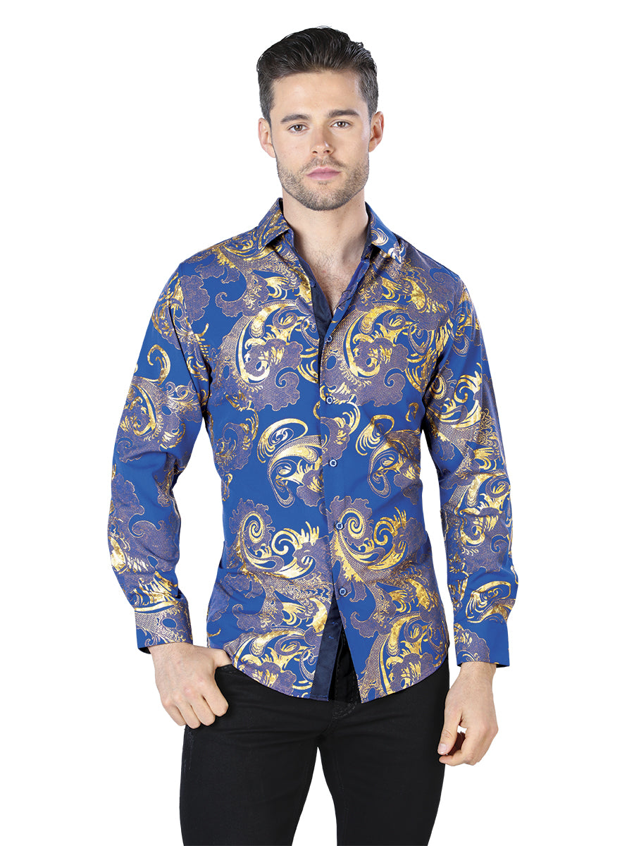 Camisa Casual L/ Manga El Señor De Los Cielos Wh10-040 97% Poliester 3% Elastano Azul/oro 44042