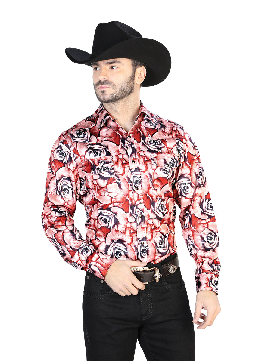 Rojo con Roses Casual Manga Larga Camisa 44068