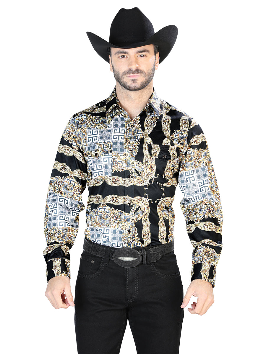 Camisa Casual L/ Manga El Señor De Los Cielos 9 97%poliéster 3%lycra Negro/oro 44070