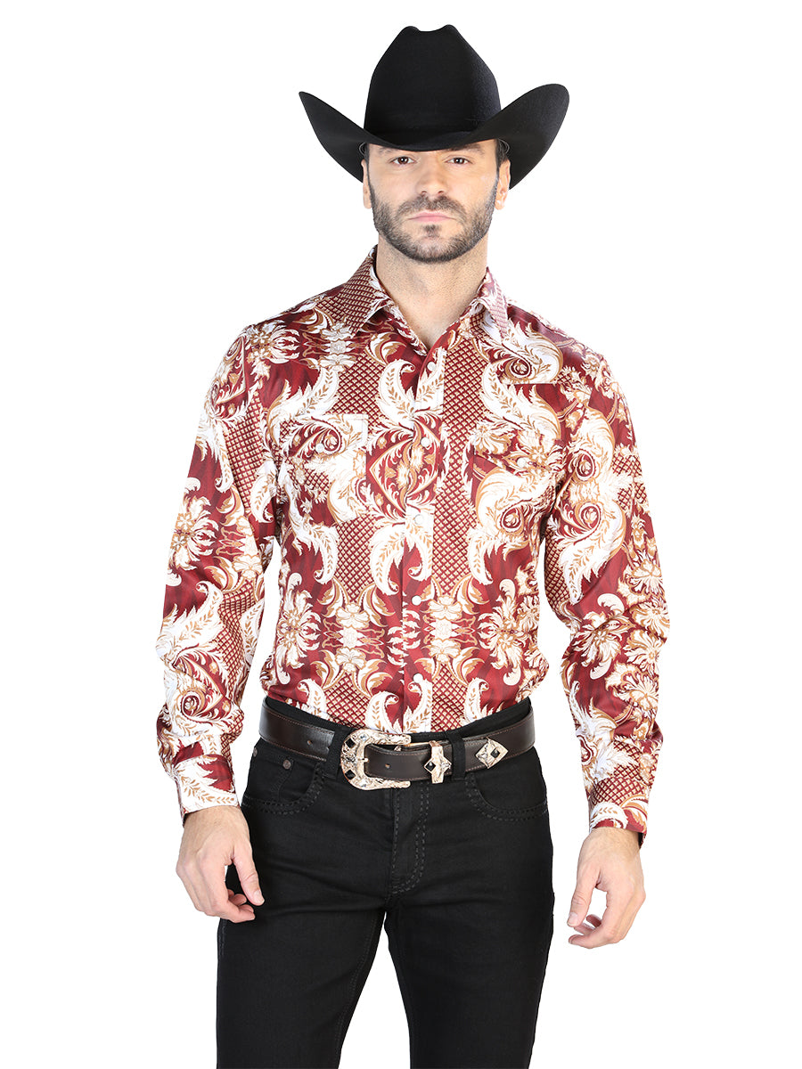Borgoña y Dorado Casual Manga Larga Camisa 44071
